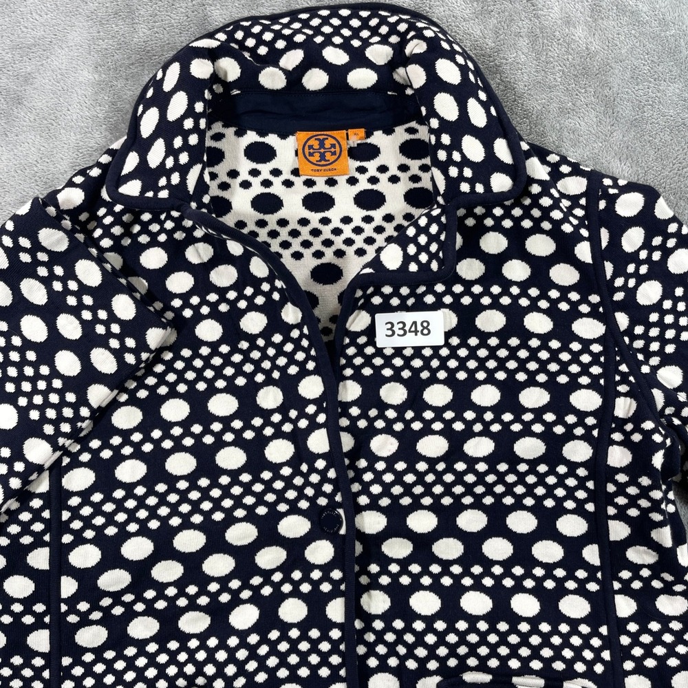 Tory Burch Knit Blazer Women XL Navy White Polka Dot Button‎ Front Cotton Blend